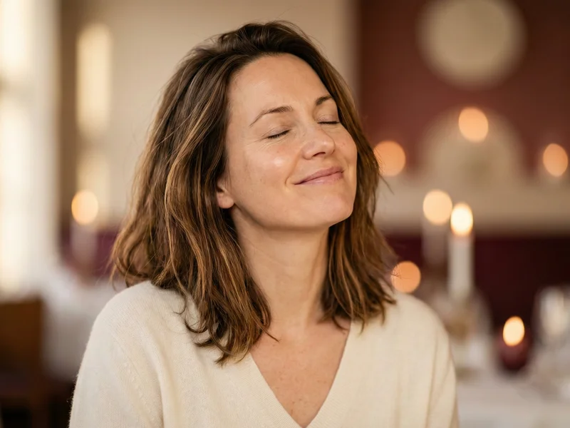 Femme satisfaite après un repas délicieux, yeux fermés de contentement, illustrant la promesse de ne jamais avoir faim avec le diététicien Diaeta à Bruxelles