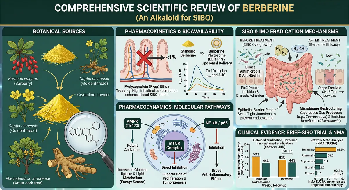 Wissenschaftliche Illustration von Berberin für SIBO: Botanische Quellen, Pharmakokinetik, molekulare Signalwege und klinische Evidenz