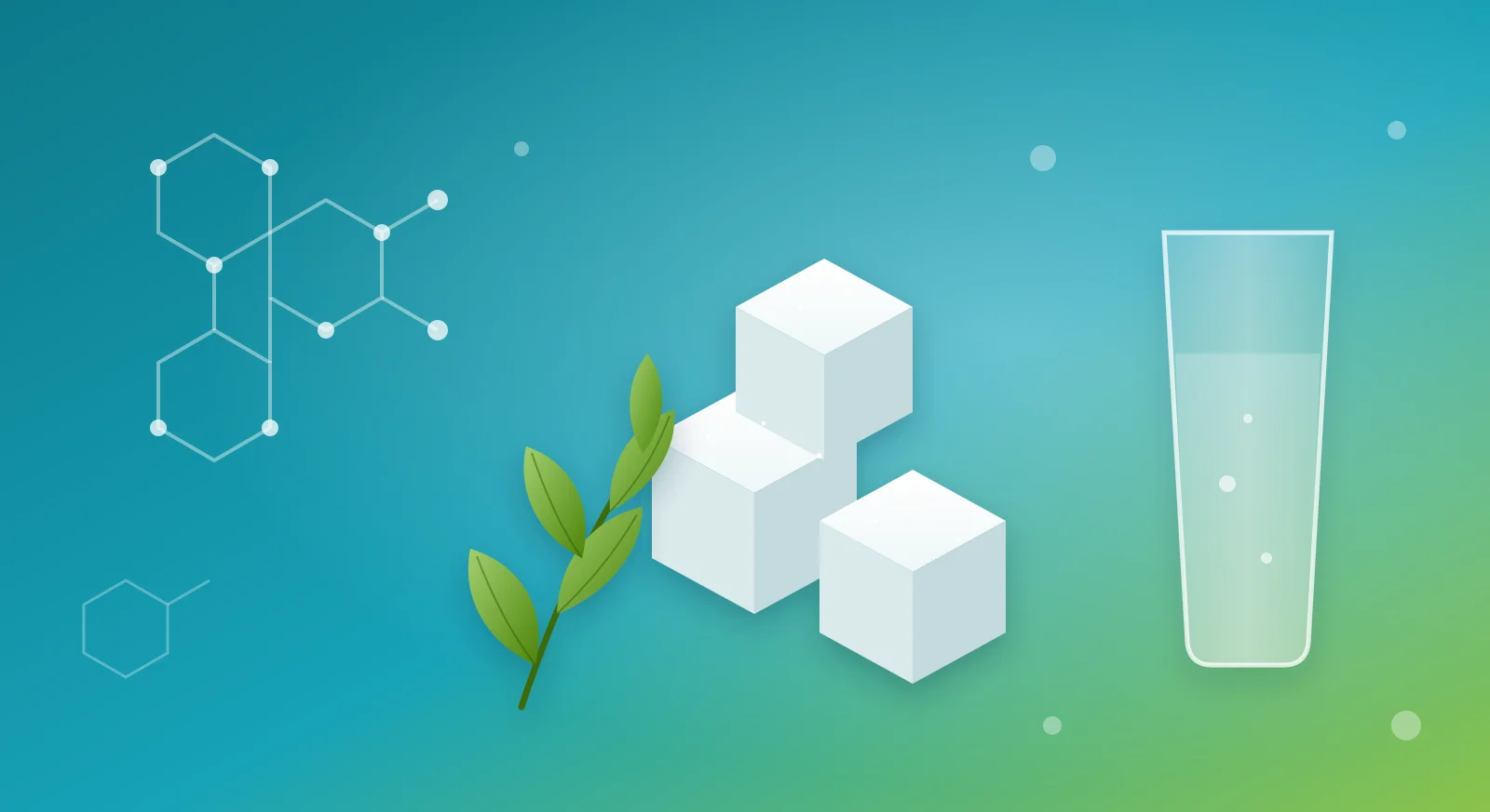 Illustration of sugar cubes, a stevia sprig, a glass of water and sweetener molecules on a turquoise and green background