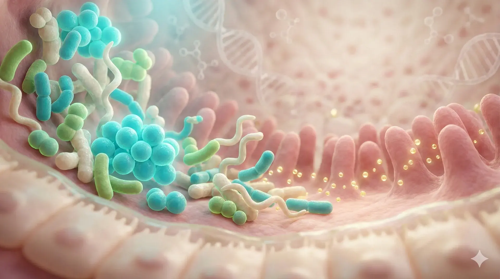 Scientific illustration of the human gut microbiome ecosystem showing diverse bacterial communities