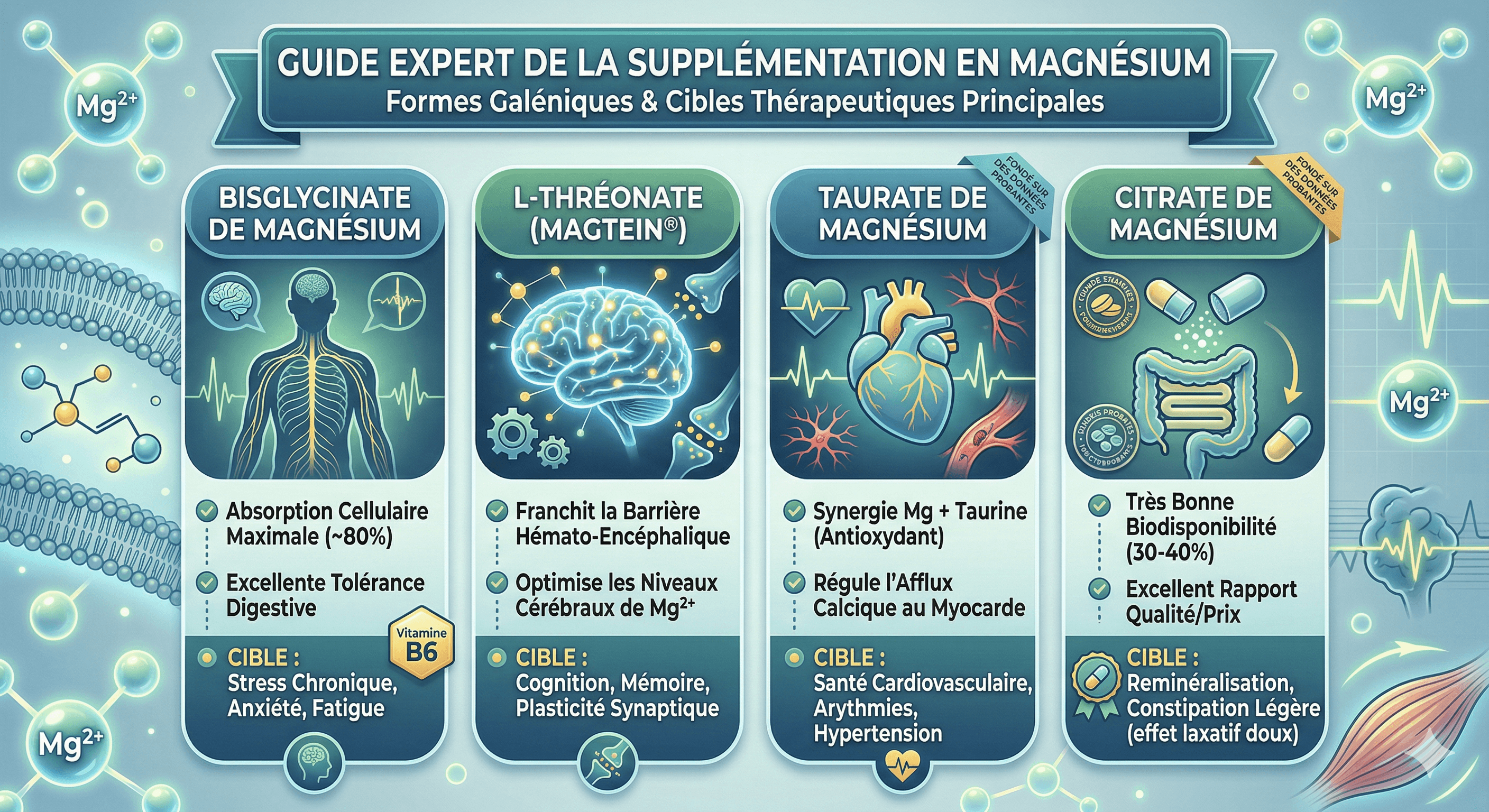 Guide expert des formes de supplémentation en magnésium : bisglycinate, L-thréonate, taurate et citrate - infographie Diaeta Bruxelles