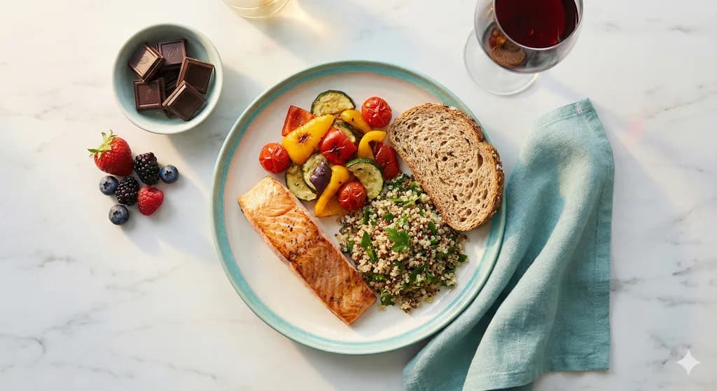 Assiette équilibrée avec saumon, légumes et quinoa, plaisir et santé