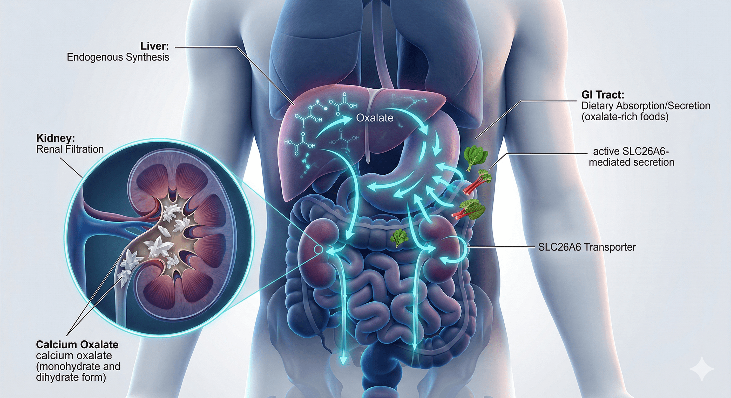 Scientific illustration of oxalate metabolism pathways showing intestinal transport and crystallization in the kidney