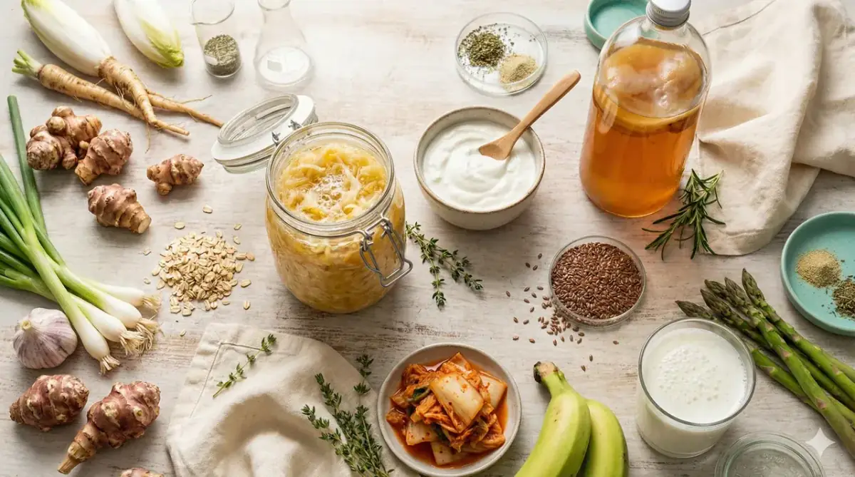 Probiotic and prebiotic foods on a light wooden table