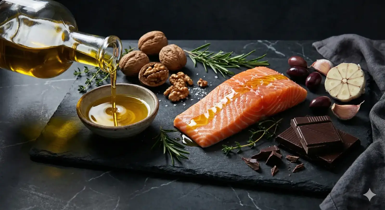 Mediterraan feestmaal met olijfolie, zalm, groenten en noten