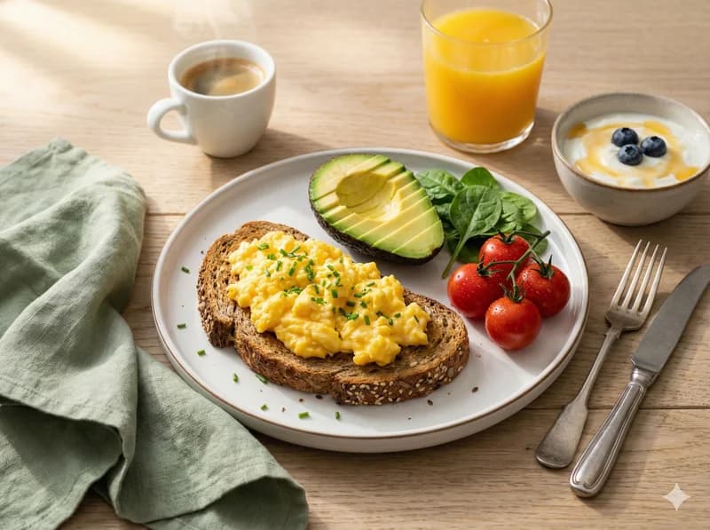 Balanced low glycemic index breakfast with whole wheat bread, eggs and avocado